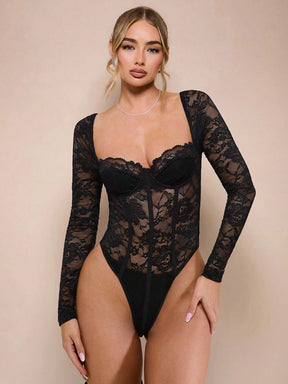 Body Renda Sexy Manga Longa