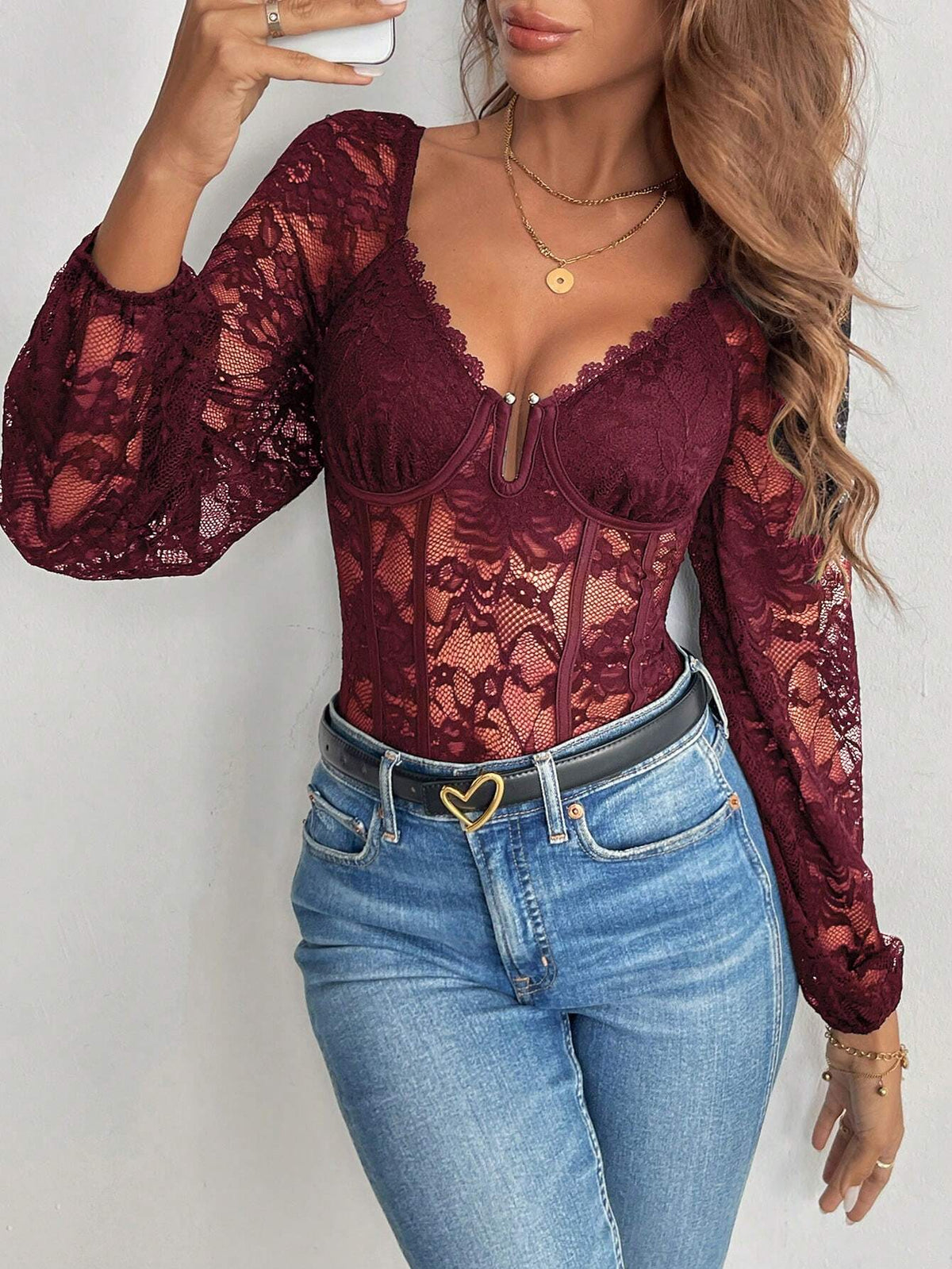 Body Renda Manga Longa Folgada